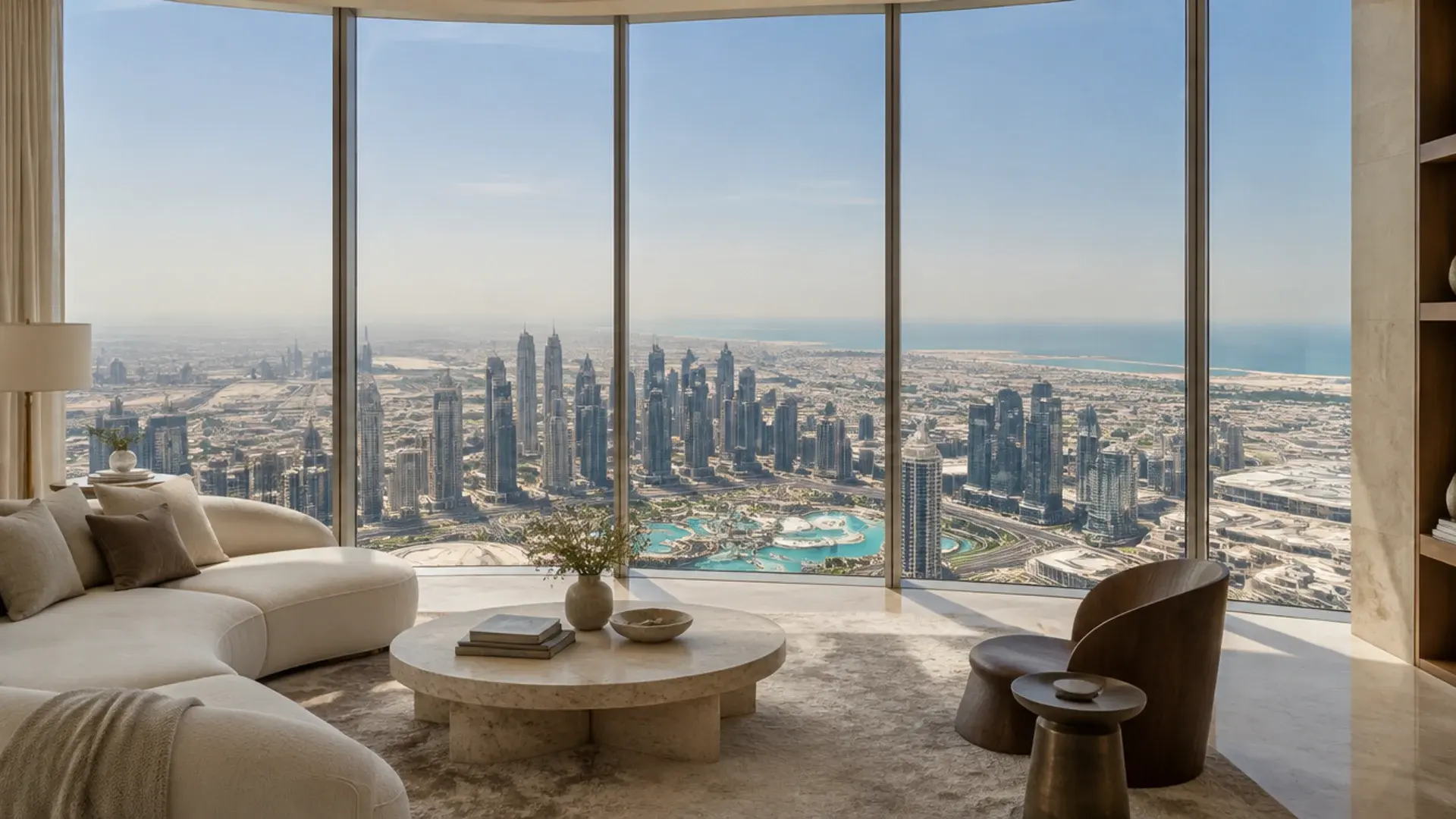 Luxury apartment concept with warm materials and a Dubai skyline view